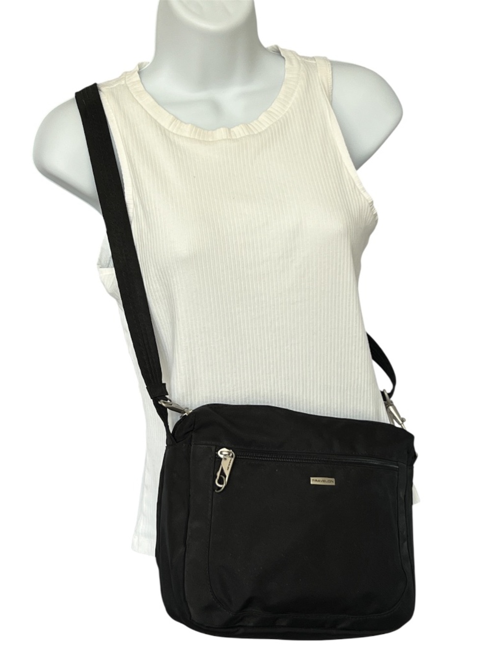 Travelon Bag Crossbody Zippered Anti-Theft Black Slash Proof Strap RFID Slot